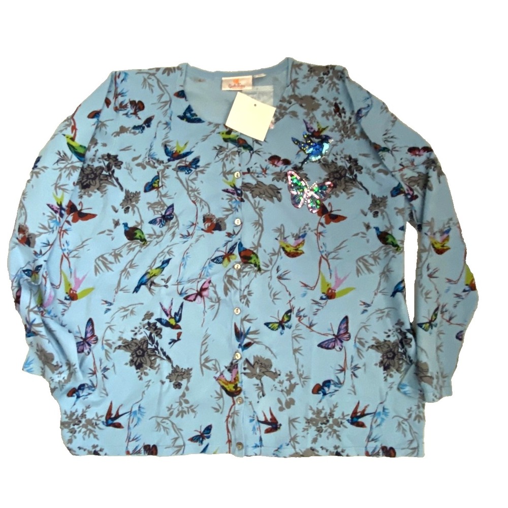 New QUACKER FACTORY Blue CARDIGAN Sweater BIRDS & BUTTERFLIES Light-weight sz 2X